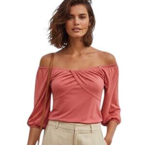 Free people Off Shoulder Top Wmn's Sz S Salmon Orange Jersey Knit Balloon Sleeve